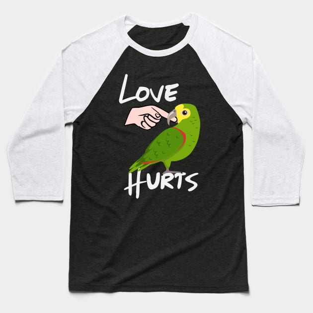 Love Hurts Yellow Headed Amazon Parrot Biting Finger Baseball T-Shirt by Einstein Parrot